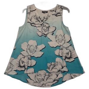 Alfani Womens Petite Sz 6P Ombre Teal Floral V-Neck Sleeveless Tank Top Blouse